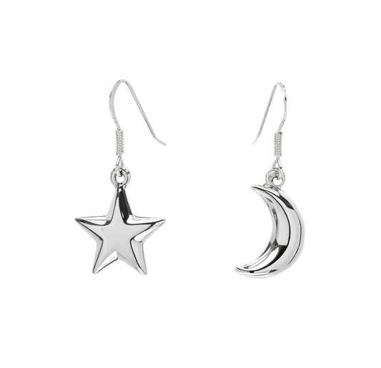 Sterling Silver Moon Star Asymmetrical Drop Earrings