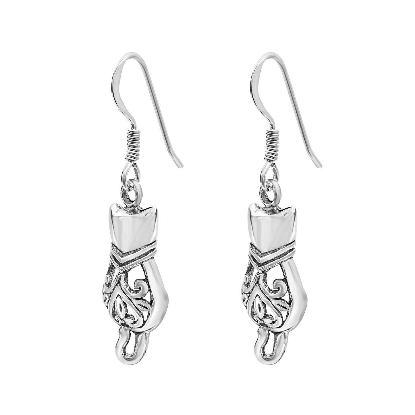 Sterling Silver Filigree Cat Drop Earrings