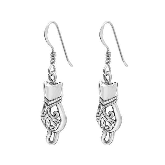 Sterling Silver Filigree Cat Drop Earrings