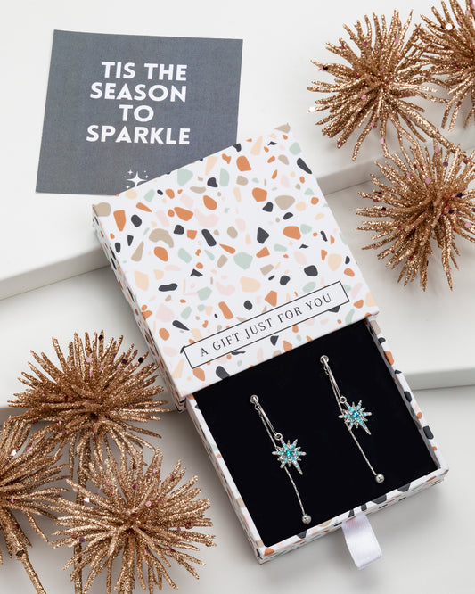 Aqua North Star Chain Drop Earrings - With Gift Box