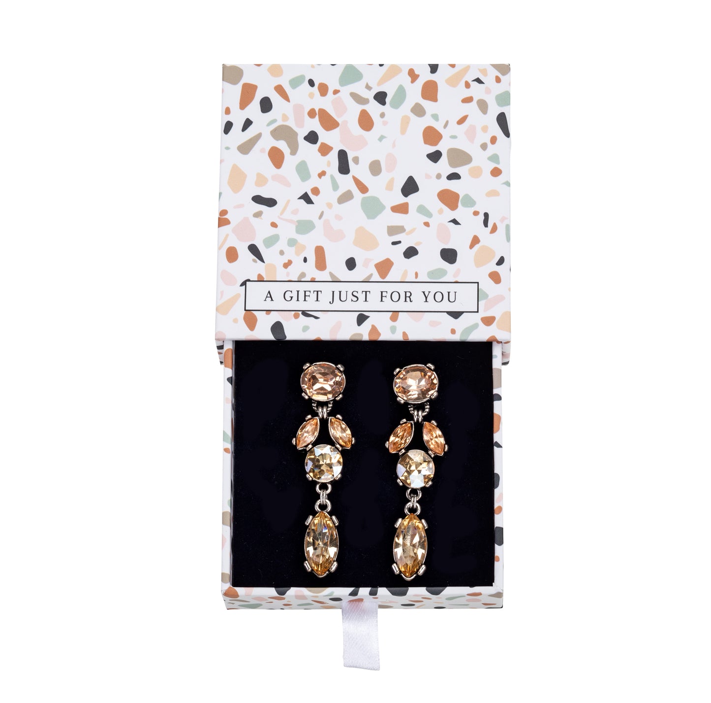 Amber & Topaz Colored Crystal Drop Earrings - In Gift Box