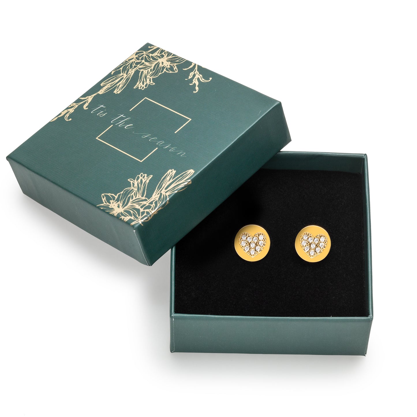 Holiday Gift Box With Goldtone Heart Pave Swarovski Crystal Stud Earrings