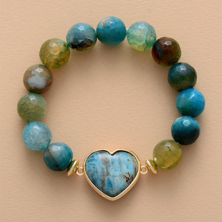 Green Blue Onyx And Apatite Stone Beaded Heart Bracelet