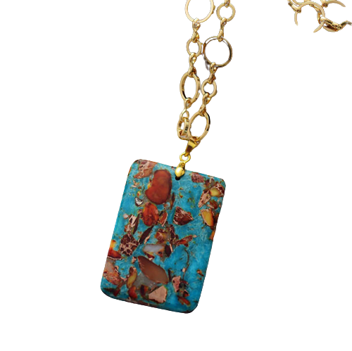 Long Turquoise Red Jasper Rectangular Stone Pendant