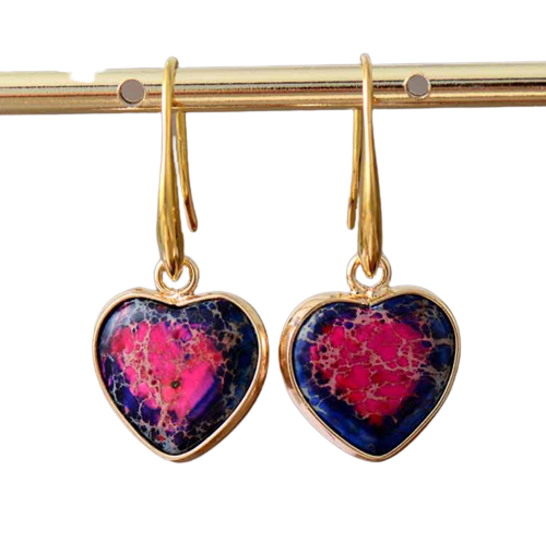 Two Tone Purple Pink Jasper Stone Heart Drop Earrings