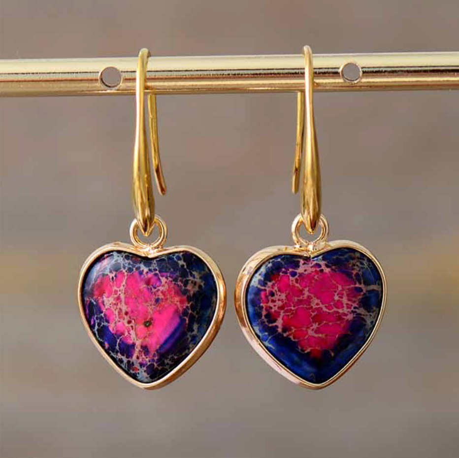 Two Tone Purple Pink Jasper Stone Heart Drop Earrings