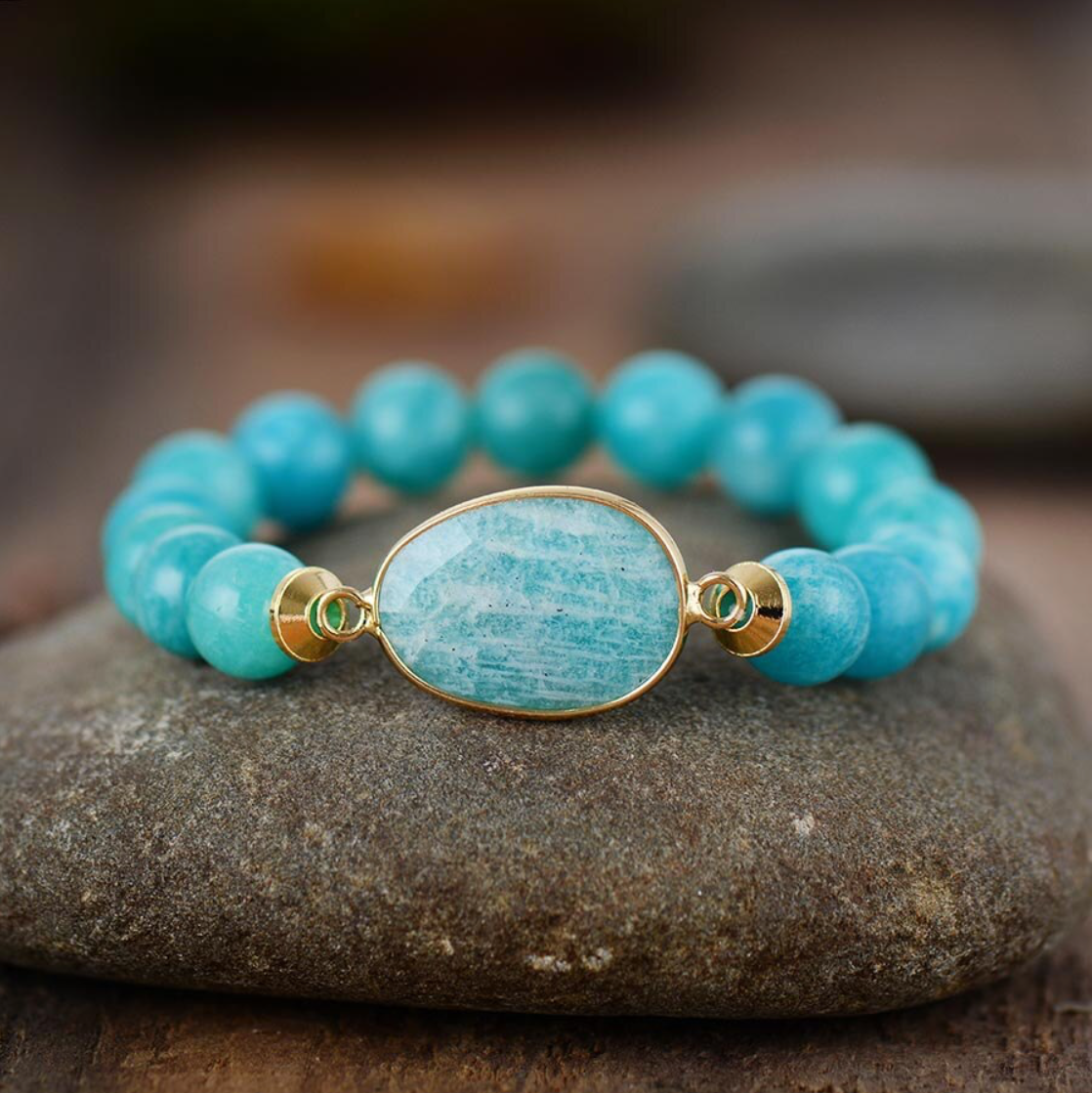 Amazonite Stone Goldtone Beaded Stretch Bracelet