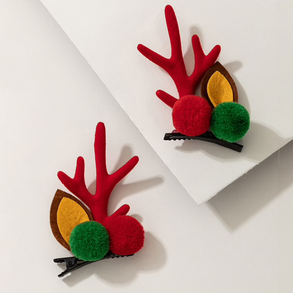 Antler Clips With Green Red Pom Poms