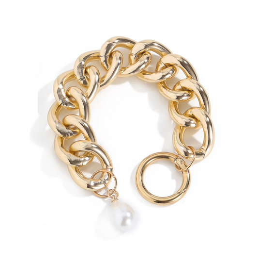 Goldtone Chunky Chain Link Bracelet With Imitation Pearl