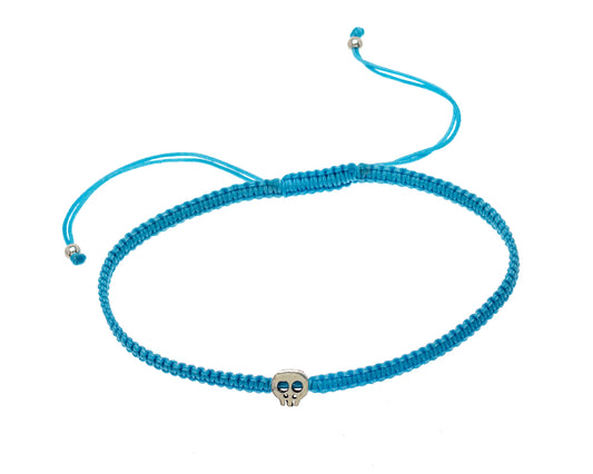 Blue Adjustable Bracelet With Sterling Silver Skull