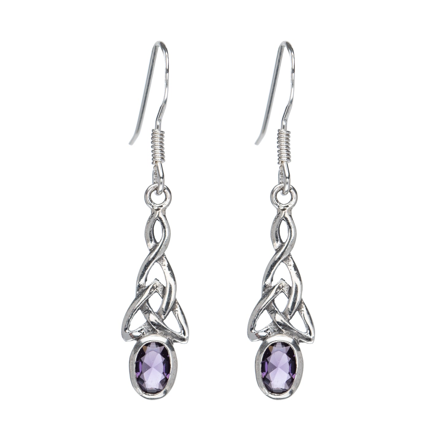 Sterling Silver Amethyst Cubic Zirconia Celtic Drop Earrings