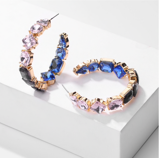 Blue, Pink Black Crystal Hoop Earrings