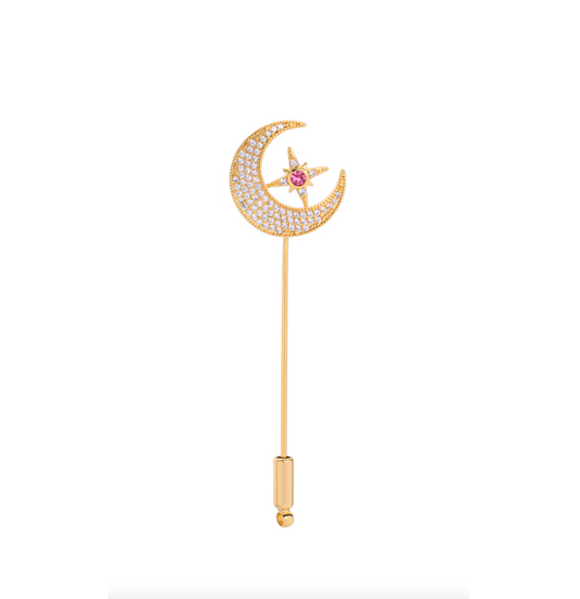 Gold & Crystal Moon And Pink Star Bar Brooch