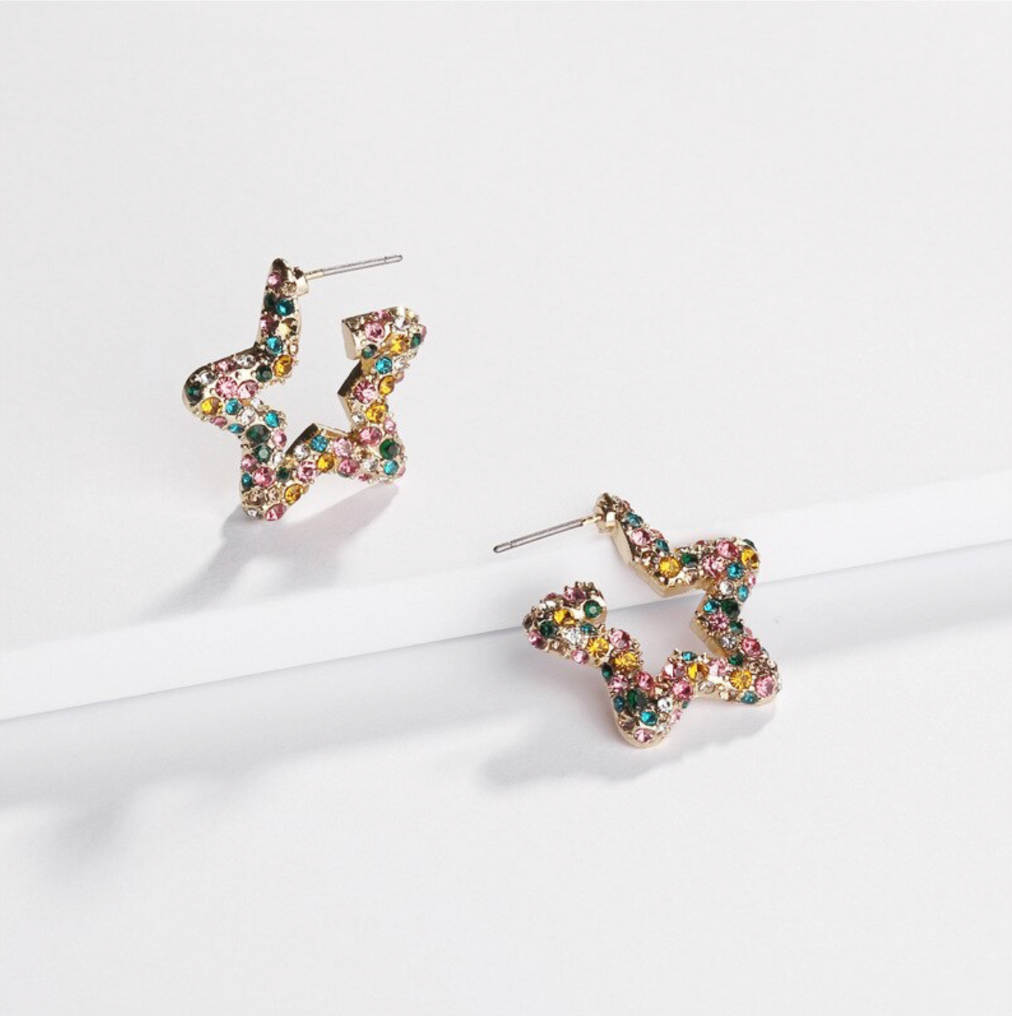 Goldtone & Multi Coloured Pave Star Hoop Earrings