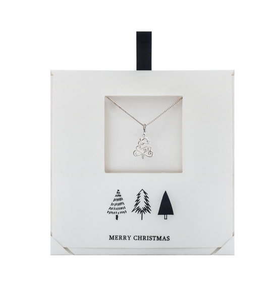 Sterling Silver Ribbon Christmas Tree Necklace On Holiday Card