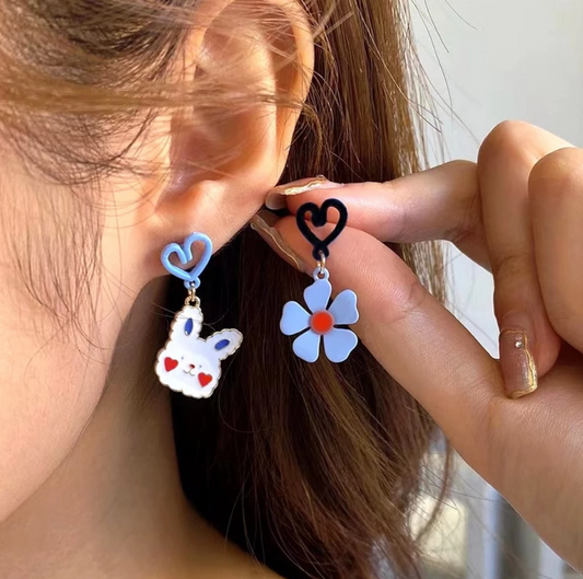 Asymmetrical White Bunny Blue Flower Earrings
