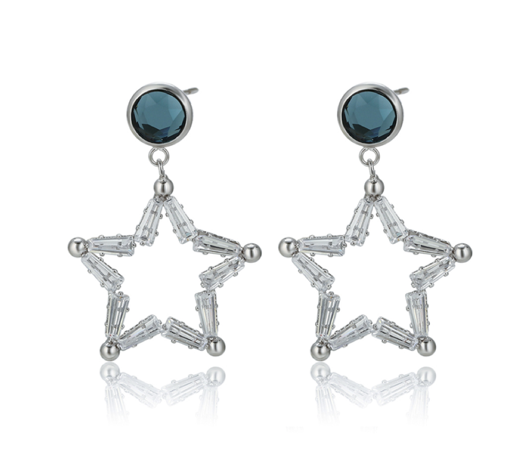 Blue Baguette Cubic Zirconia Open Star Drop Earrings