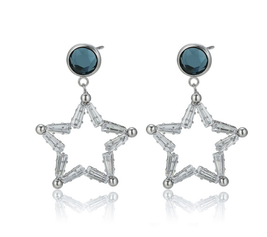 Blue Baguette Cubic Zirconia Open Star Drop Earrings