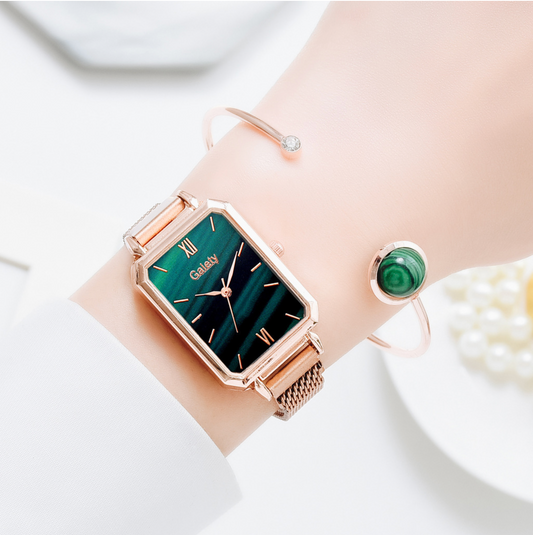 Rose Goldtone Green Rectangular Watch Bangle Bracelet
