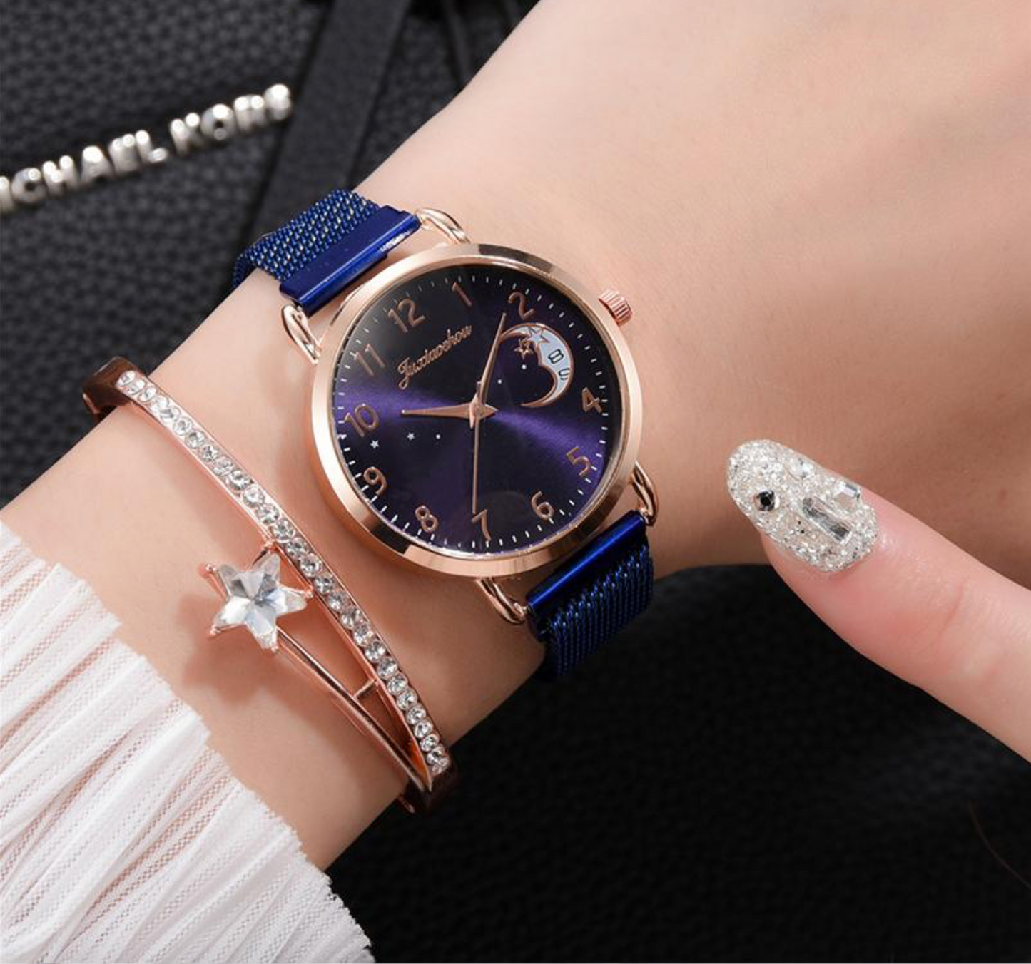 Rose Goldtone Blue Watch Celestial Bracelet Set