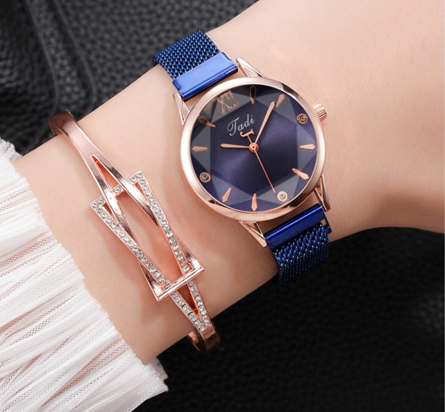 Blue Bezelled Mesh Strap Watch With Geometric Crystal Bracelet