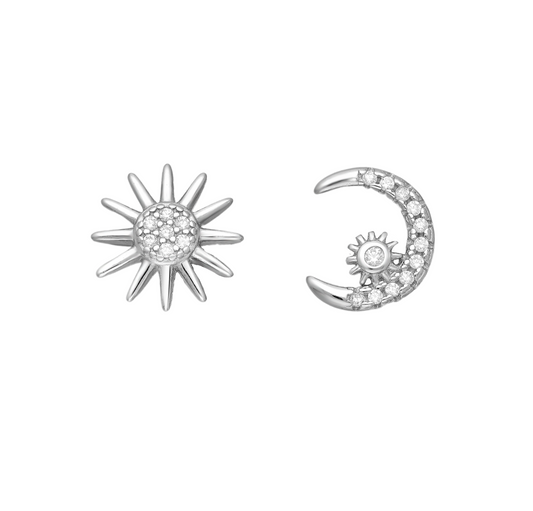 Sterling Silver Cubic Zirconia Sun And Moon Asymmetrical Stud Earrings