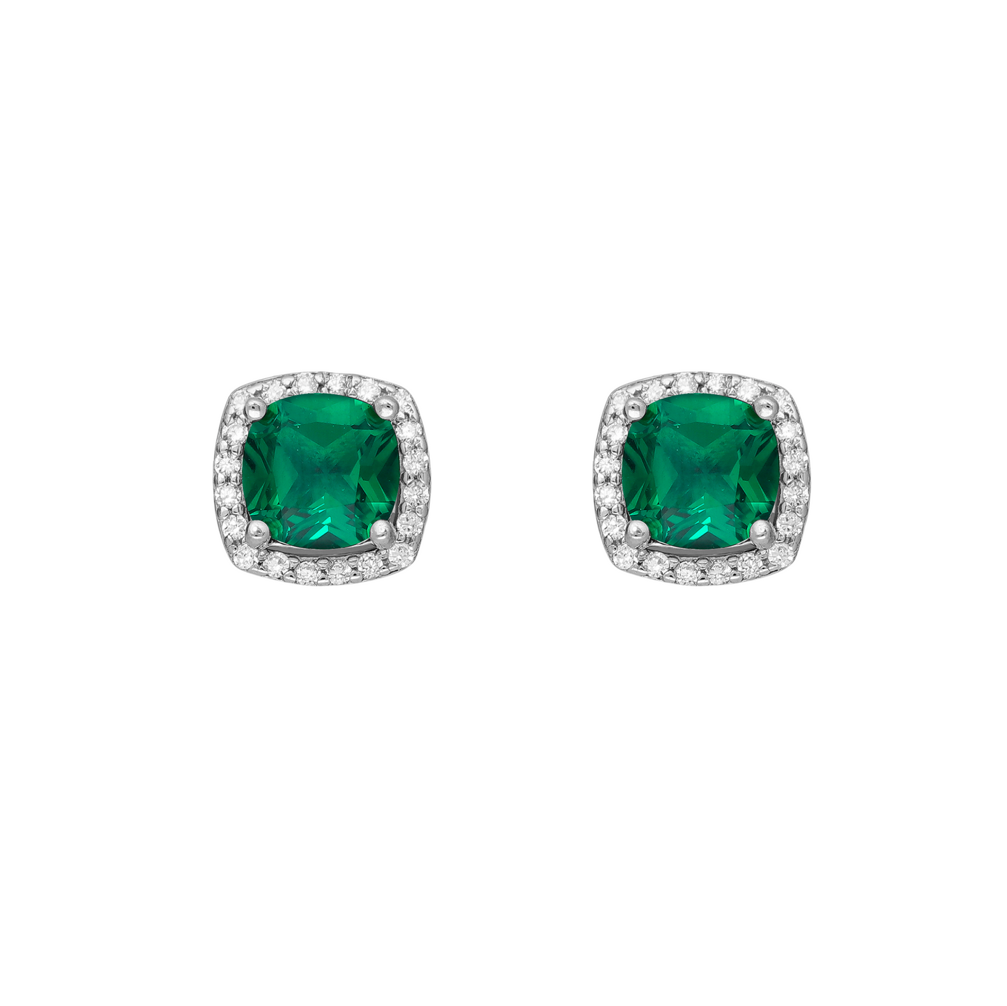 Sterling Silver Emerald Cubic Zirconia Pave Square Stud Earrings