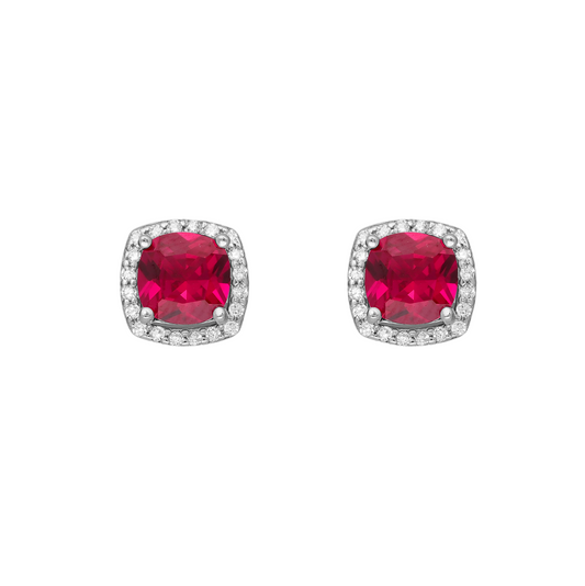 Sterling Silver Ruby Cubic Zirconia Pave Square Stud Earrings