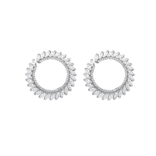 Sterling Silver Cubic Zirconia Marquis Statement Circular Stud Earrings