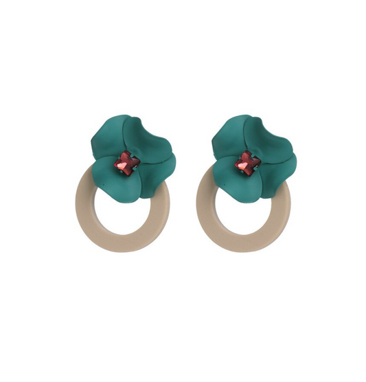 Beige Circular & Green Flower Earrings