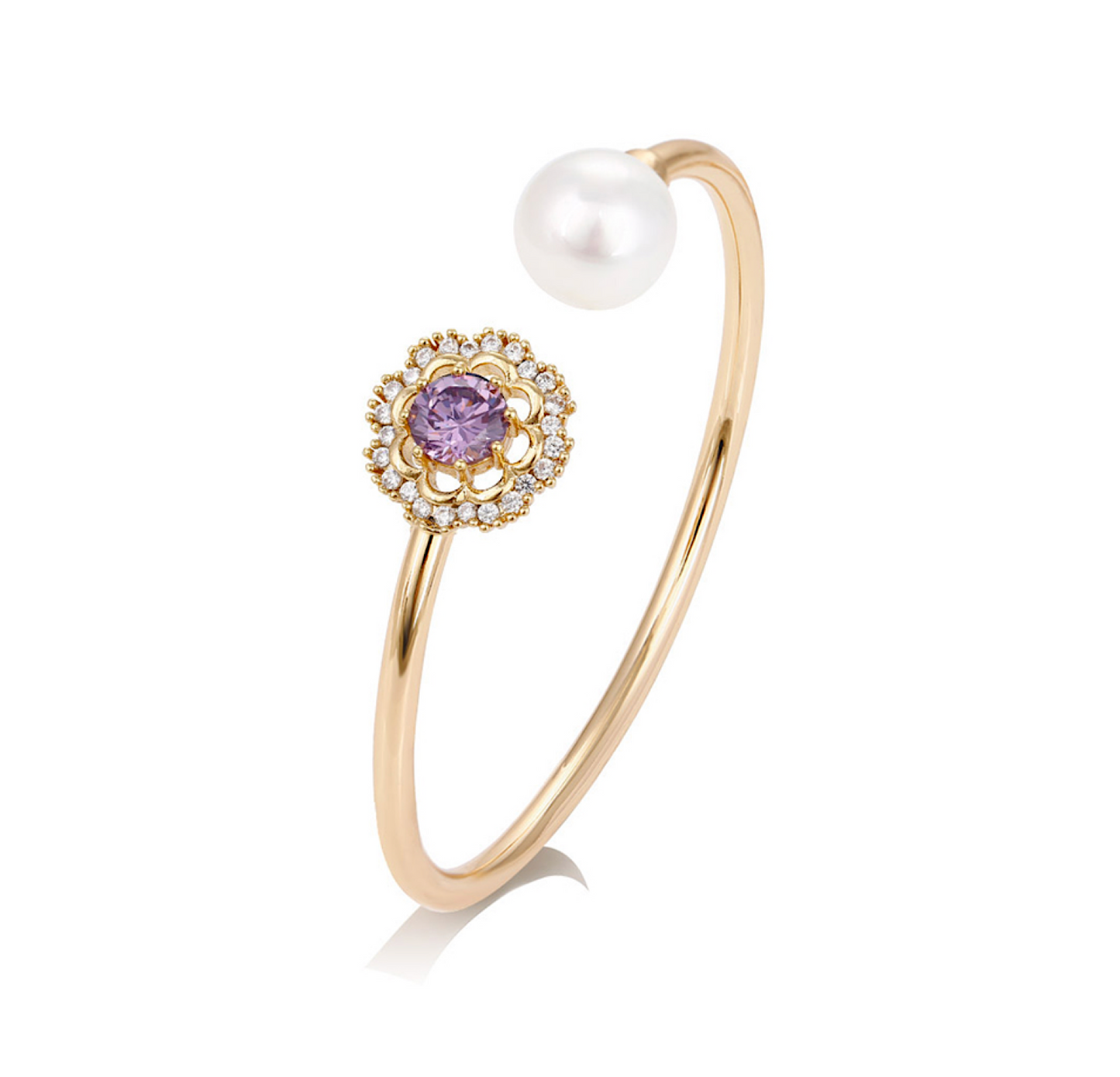Goldtone Purple Flower Crystal And Imitation Pearl Bangle Bracelet