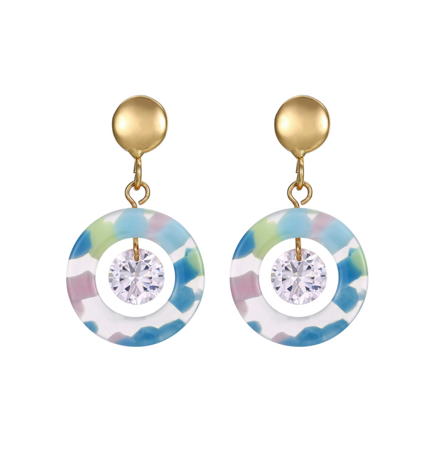 Blue Purple Marbled Circular Earrings With Crystal