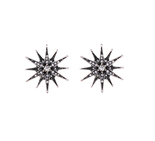 Black Crystal Sunburst Star Stud Earrings