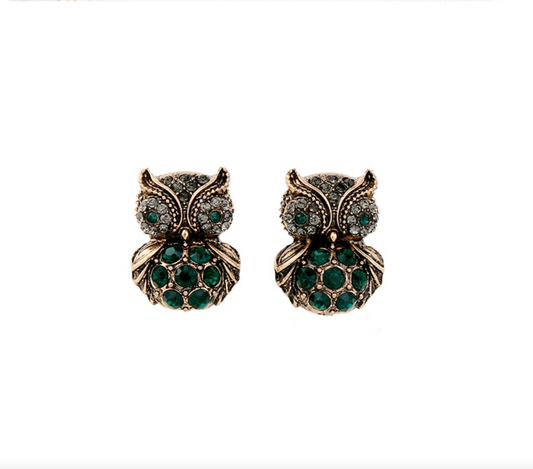 Green Crystal Owl Stud Earrings