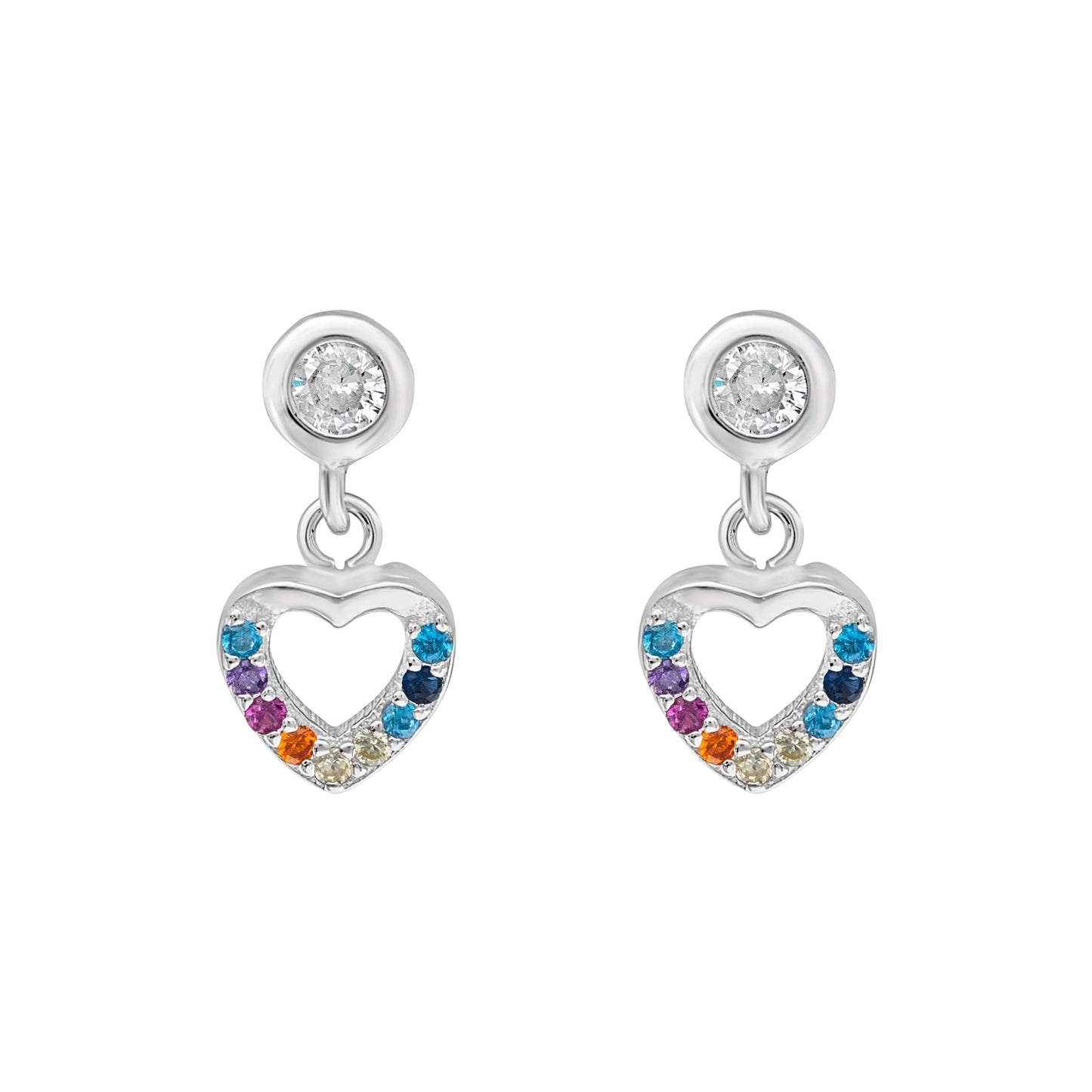 Sterling Silver Multi Colored Cubic Zirconia Heart Drop Earrings