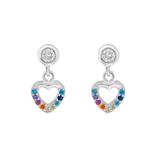 Sterling Silver Multi Colored Cubic Zirconia Heart Drop Earrings