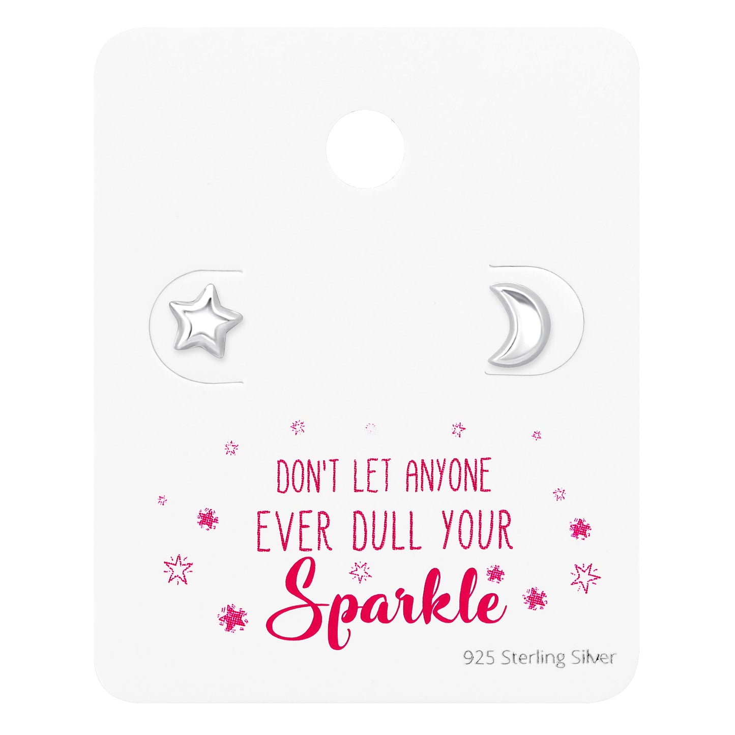 Sterling Silver Moon Star Stud Earrings On Sparkle Card