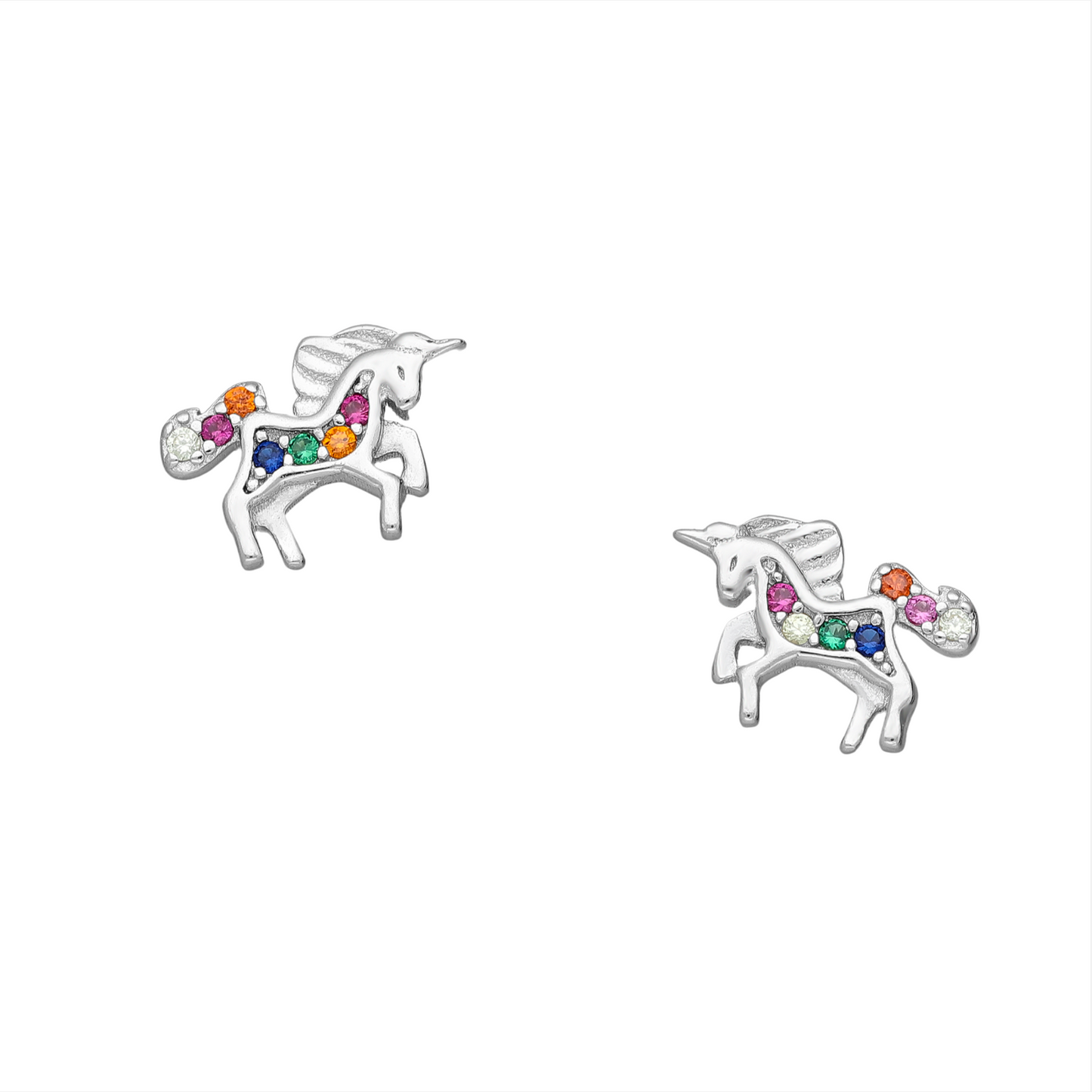 Sterling Silver Multi Colored Cubic Zirconia Unicorn Stud Earrings