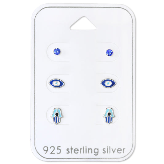 Sterling Silver Blue Hamsa, Stud Eye Stud Earring Set