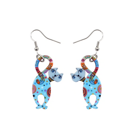 Blue Backwards Cat Drop Earrings