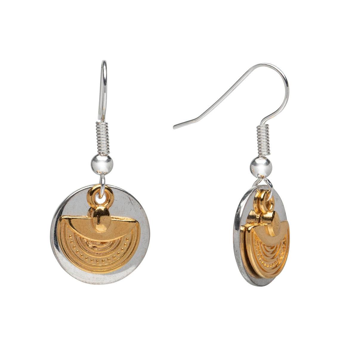 Sterling Silver Filled Disc Drop Earrings With Gold Aztec Charm