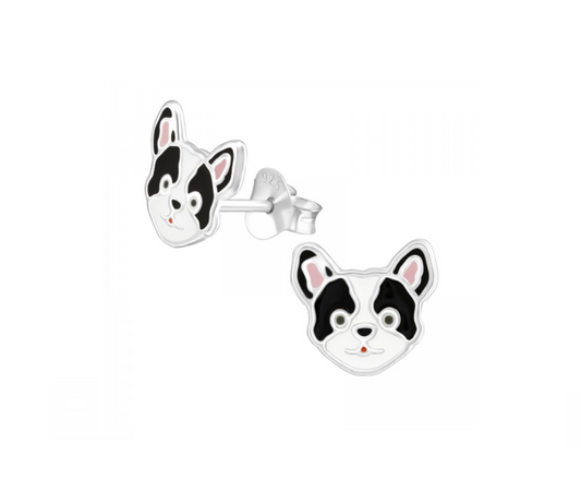 Sterling Silver Cute Black White Dog Stud Earrings