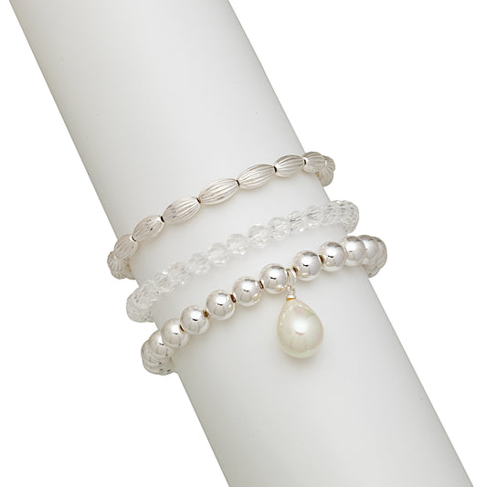 Silvertone Clear Beaded Stretch Bracelets With Imitation Pearls