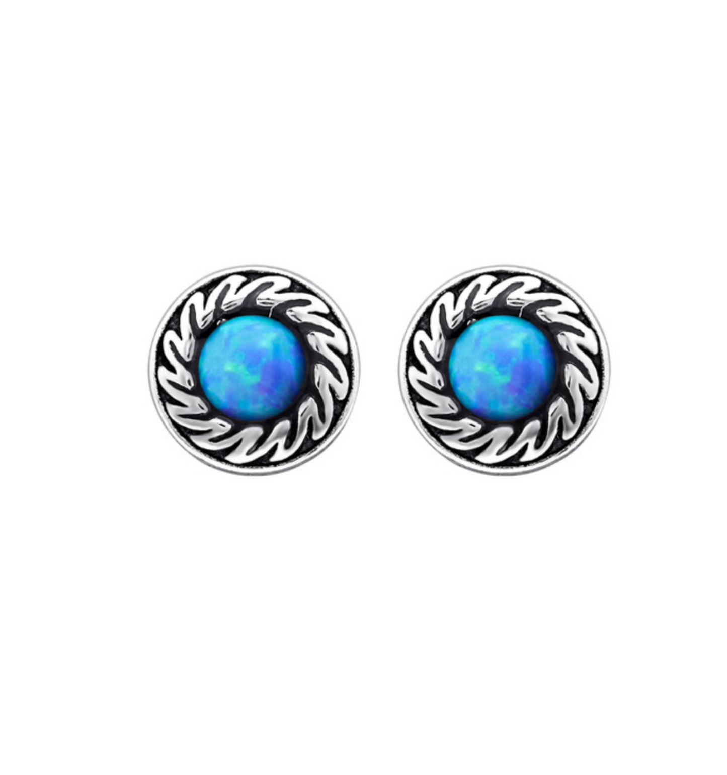 Sterling Silver Blue Opal Circular Stud Earrings