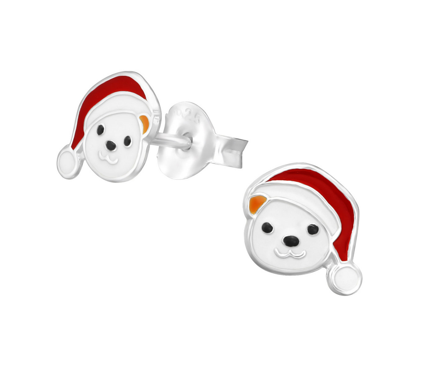 Sterling Silver Polar Bear In Santa Hat Stud Earrings