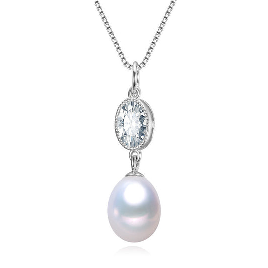 White Freshwater Pearl Drop Necklace With Oval Cubic Zirconia