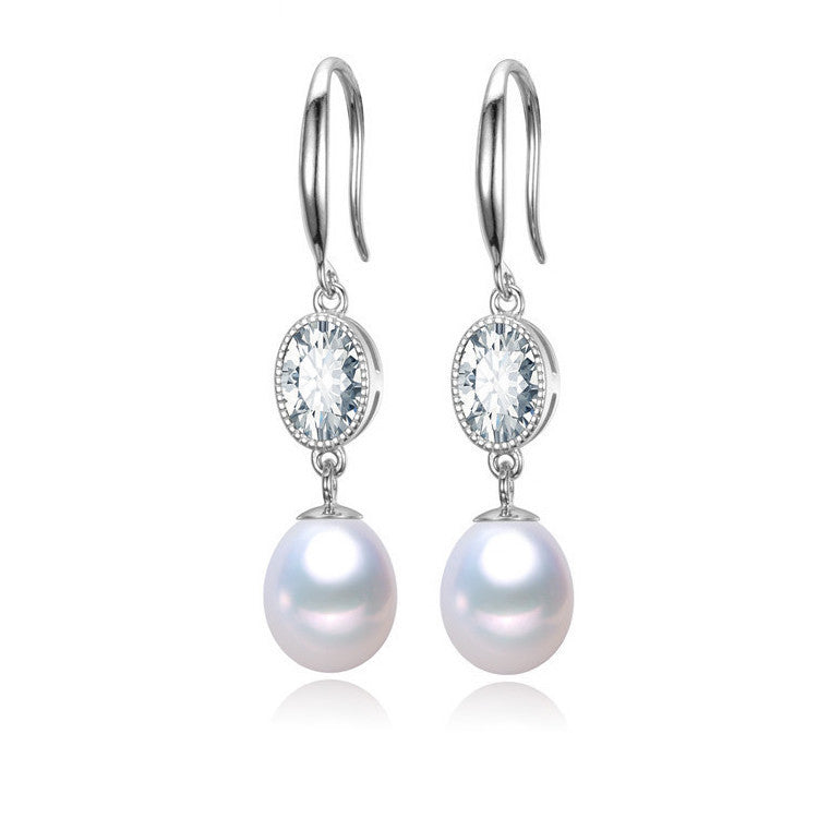 White Freshwater Pearl Drop Earrings With Oval Cubic Zirconia (92922-7)