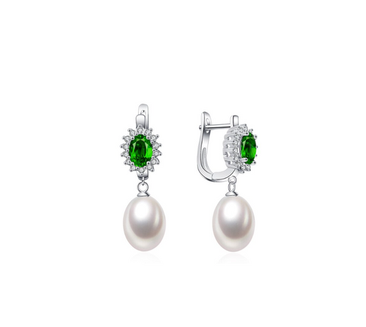 Freshwater Pearl Emerald Cubic Zirconia Sunburst Drop Earrings