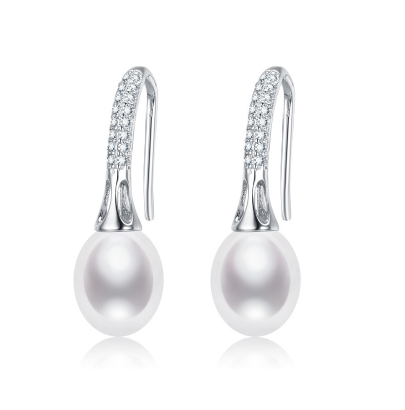 Oval White Freshwater Pearl Cubic Zirconia Threader Earrings