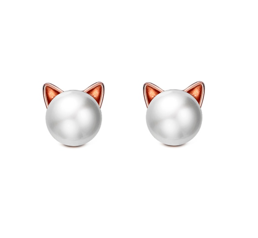 Rose Goldtone White Freshwater Pearl Cat Stud Earrings